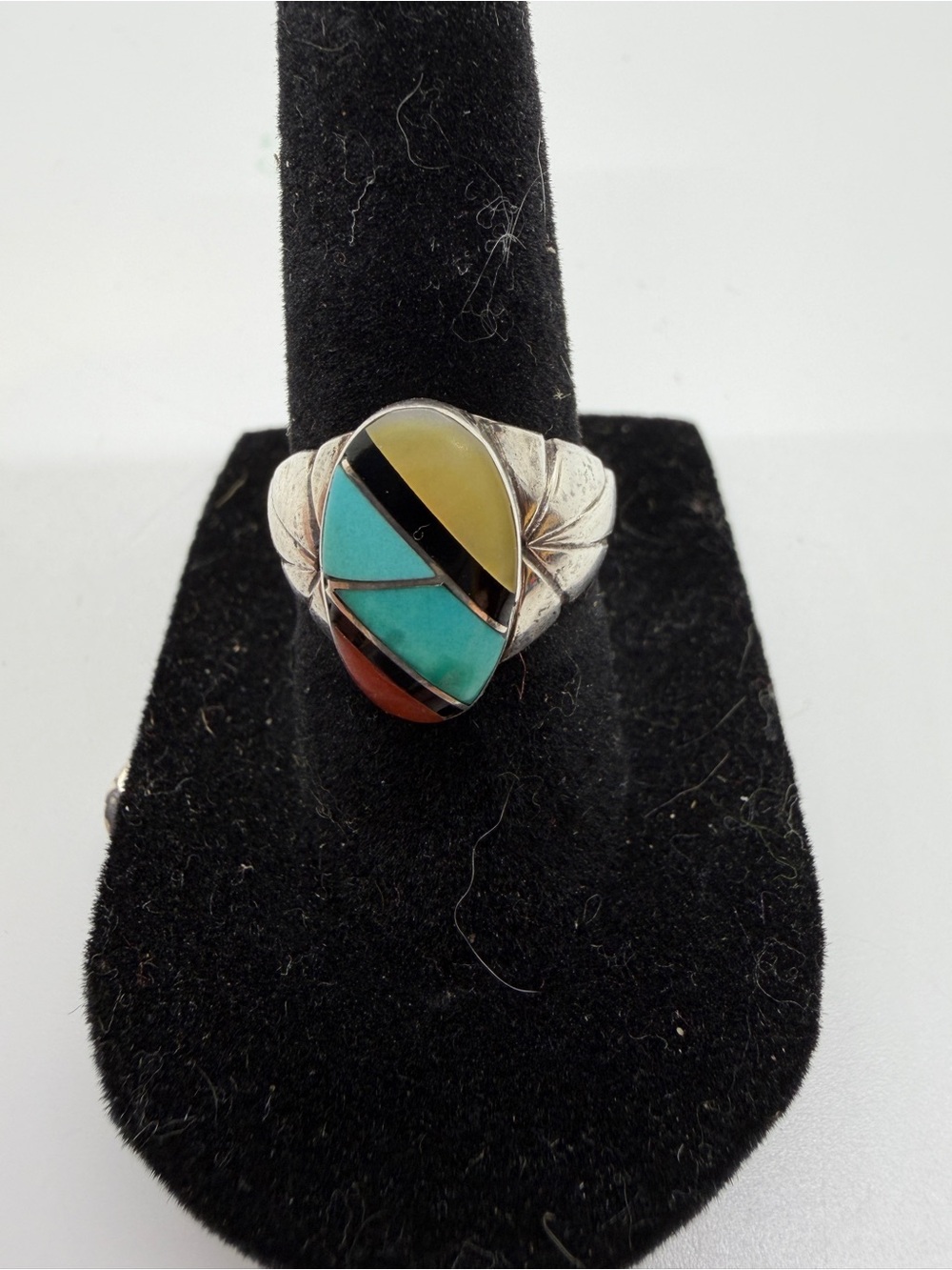 Multicolor Inlay Teardrop Sterling Ring - Turquoise, Yellow & Red